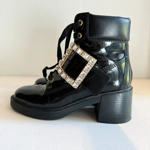 Roger Vivier Black Lace up Ankle Boots with Rhinestone Buckle 36.5 - Picture 7 of 13
